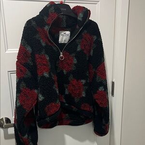 Hollister Black and Red Patterned Fleece Jacket